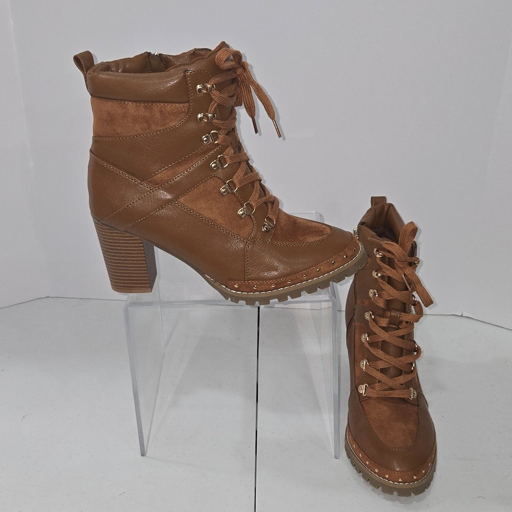 Comfort Women 11M Brown Lace Up Block Heel Ankle Boot Lug Sole Side Zip 45385524